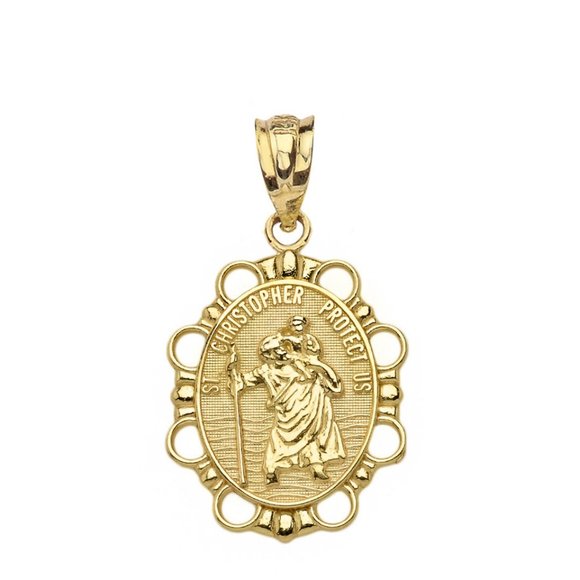 10K Solid Gold Saint St. Christopher Protect Us Oval Pendant Charm